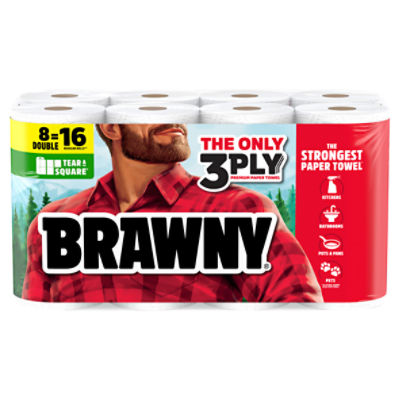 Brawny Tear-a-Square 3-Ply Paper Towels, 8 Double Rolls, 76 Sheets Per Roll