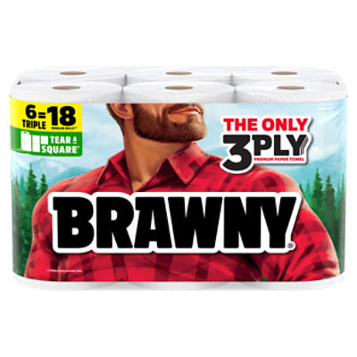 Brawny Tear-a-Square 3-Ply Paper Towels, 6 Triple Rolls, 114 Sheets Per Roll