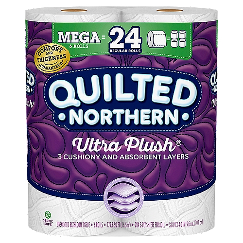 QUILTED NORTHERN ULTRA PLUSH® TOILET PAPER, 6 MEGA ROLLS
Silky, smooth, and soft, Quilted Northern Ultra Plush toilet paper offers 3 cushiony and absorbent layers of comfort for the clean feel you expect and the luxurious feel you desire. Our patented technology delivers the softness you want while cutting down on what you do not (lint!). Quilted Northern Ultra Plush toilet paper is flushable and septic safe for standard sewer and septic systems. Quilted Northern toilet paper is Sustainable Forestry Initiative (SFI) certified. For more than 100 years, Quilted Northern bathroom tissue has stood for softness, strength, and overall quality and comfort.

Unscented Bathroom Tissue

Persnickety about the good life
Confession: We can be a little obsessive about all the tiny details that go into our products. After all, crafting Quilted Northern Ultra Plush® to upgrade your bathroom experience matters. That's why it features:
• Three cushiony and absorbent layers for ultimate comfort that still offer a worry-free, septic-safe solution.
• Our patented technology that delivers the softness you want while cutting down on what you don't (lint!).