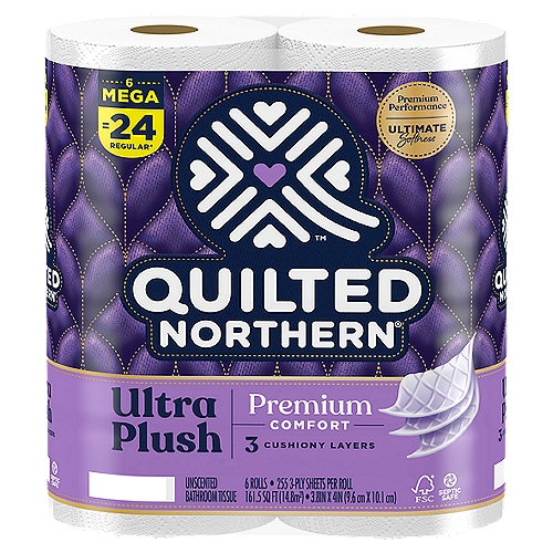 Silky, smooth, and soft, Quilted Northern Ultra Plush toilet paper offers 3 cushiony and absorbent layers of comfort for the clean feel you expect and the luxurious feel you desire. Our patented technology delivers the softness you want while cutting down on what you do not (lint!). Quilted Northern Ultra Plush toilet paper is flushable and septic safe for standard sewer and septic systems. Quilted Northern toilet paper is Sustainable Forestry Initiative (SFI) certified. For more than 100 years, Quilted Northern bathroom tissue has stood for softness, strength, and overall quality and comfort.