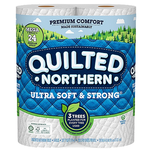 Quilted Northern Ultra Soft & Strong® Toilet Paper, 6 Mega Rolls
Quilted Northern Ultra Soft & Strong toilet paper offers a comfortable clean you can count on with its signature 2-ply softness and flexible strength. It has two soft and durable layers that flex and hold up - because you should not have to choose between comfort and strength. Quilted Northern Ultra Soft & Strong is biodegradable - it's flushable and septic safe for standard sewer and septic systems. Quilted Northern toilet paper is Sustainable Forestry Initiative (SFI) certified. For more than 100 years, Quilted Northern bathroom tissue has stood for softness, strength, and overall quality and comfort.

Innovative Manufacturing
Our Efficient Manufacturing Technology squeezes out more water from the paper before drying.*
This saves 30% More Water and uses 30% Less Energy*
*vs. other Ultra 2-ply national brands in the drying process on a per-sheet basis