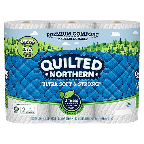 QUILTED NORTHERN ULTRA SOFT & STRONG® TOILET PAPER, 9 MEGA ROLLS
Quilted Northern Ultra Soft & Strong toilet paper offers a comfortable clean you can count on with its signature 2-ply softness and flexible strength. It has two soft and durable layers that flex and hold up - because you should not have to choose between comfort and strength. Quilted Northern Ultra Soft & Strong is biodegradable - it's flushable and septic safe for standard sewer and septic systems. Quilted Northern toilet paper is Sustainable Forestry Initiative (SFI) certified. For more than 100 years, Quilted Northern bathroom tissue has stood for softness, strength, and overall quality and comfort.

Unscented Bathroom Tissue

Innovative Manufacturing
Our Efficient Manufacturing Technology squeezes out more water from the paper before drying.*
This saves 30% More Water and uses 30% Less Energy*
*vs. other Ultra 2-ply national brands in the drying process on a per-sheet basis
