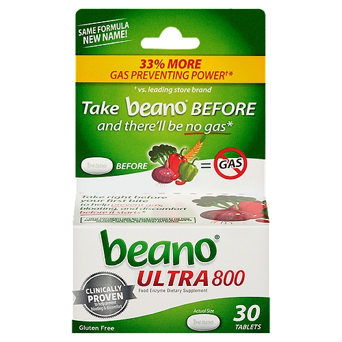 33% More Gas Preventing Power†*n† vs. leading store brandnnTake Beano® Before and there'll be no gas*nnHow Beano® works: Beano® contains a natural enzyme that helps digest the complex carbohydrates found in many foods, so they don't cause gas, bloating, and discomfort*.nnTake right before your first bite to help prevent gas, bloating, and discomfort before it starts*n* These Statements Have Not Been Evaluated by the Food and Drug Administration. This Product is Not Intended to Diagnose, Treat, Cure or Prevent Any Disease.nnBeano® helps digest many foods including:nBeans, cabbage, cucumber, broccoli, carrots, leeks, beets, cauliflower, lettuce, brussels sprout, corn, onions and more!
