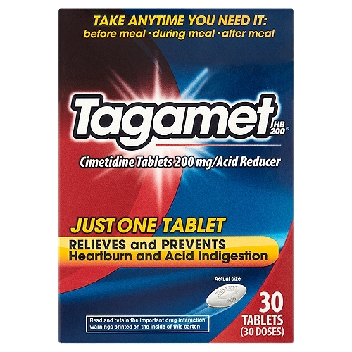 Tagamet HB 200 Acid Reducer Tablets, 200 mg, 30 count
Cimetidine Tablets 200 mg/Acid Reducer

Uses
■ relieves heartburn associated with acid indigestion and sour stomach
■ prevents heartburn associated with acid indigestion and sour stomach brought on by eating or drinking certain foods and beverages

Drug Facts
Active ingredient (in each tablet) - Purpose
Cimetidine 200mg - Acid reducer