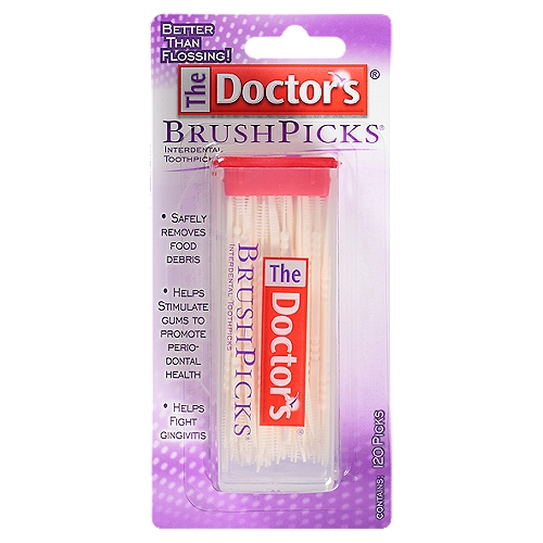The Doctor's BrushPicks Interdental Toothpicks, 120 count
The World's Best Toothpick®

Seven Ways Better
Daily use of The Doctor's® BrushPicks® will produce a noticeable improvement in your oral health in just two weeks.
1. Improved with Plyalene® for longer lasting bristles.
2. Extends between teeth gently and easily.
3. Brushes away debris.
4. Stimulates gums.
5. Will not harm dental and bridge work.
6. Maneuvers and is held easily.
7. Safely scrapes away plaque.
