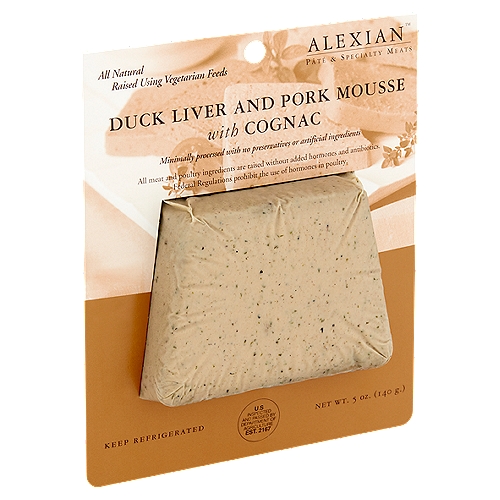 ALEXIAN Duck Liver and Pork Mousse with Cognac, 5 oz
All Meat and Poultry Ingredients are Raised without Added Hormones or Antibiotics. Federal Regulations Prohibit the Use of Hormones in Poultry.