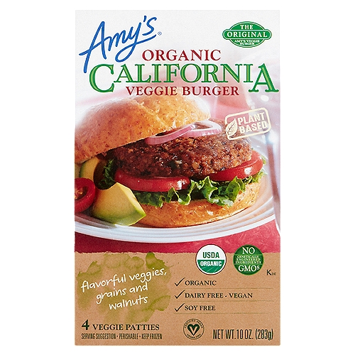 Amy's Organic California Veggie Burger, 4 count, 10 oz
The Original Amy's Veggie Burger

In 1989 we began our search for the perfect veggie burger. We tried recipe after recipe and finally, four years later, came up with an absolutely delicious meatless veggie burger made with organic vegetables. It's satisfying to eat, firm enough to grill, delicious and contains no dairy, eggs or soy. The unique savory flavor of Amy's California Veggie Burger comes from a blend of organic vegetables, walnuts and mushrooms, organic bulgur wheat and oats. Fully pre-cooked, it takes only a few minutes to heat. It's great on a bun with the works or as part of a meal. We hope you enjoy it as much as we do!