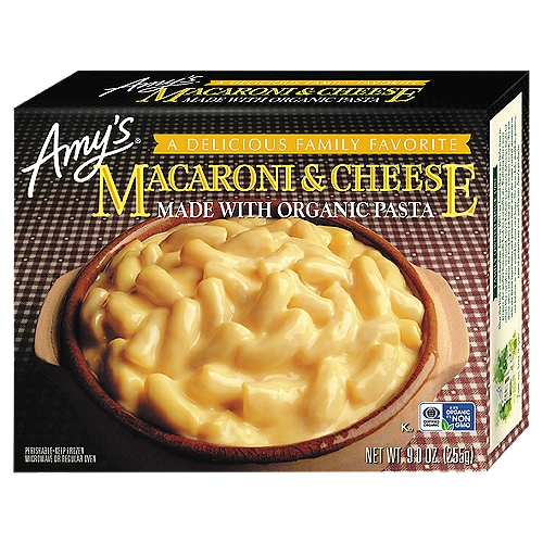 Single serving vegetarian frozen entree. Elbow macaroni noodles covered in a smooth Cheddar cheese sauce. Soy free. Tree nut free. Kosher. Non-GMO.