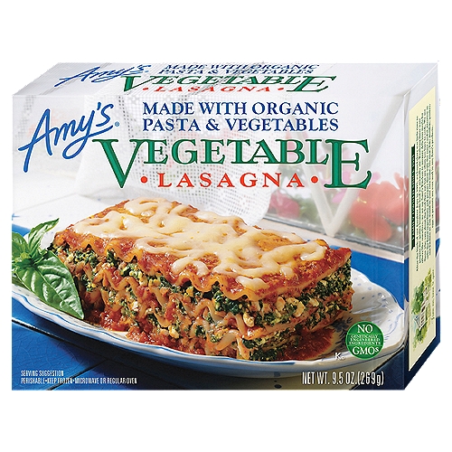 Lasagna - enjoy the rich flavor of this Italian favorite. Amy's Vegetable Lasagna is made with tender organic spinach and zucchini, crisp organic carrots and the finest tomato sauce, all layered between organic pasta with mozzarella and parmesan cheeses. Treat yourself to this great-tasting, easy-to-prepare dish from Amy's Kitchen. Salute and buon appetito!