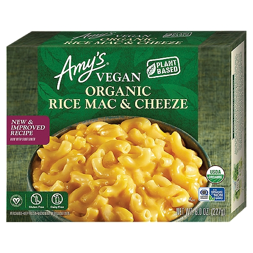 Single serving vegan gluten-free frozen entree. Gluten-free elbow macaroni rice noodles covered in a smooth non-dairy cheeze sauce. Soy free. Dairy free. No cholesterol. Kosher. Non-GMO.