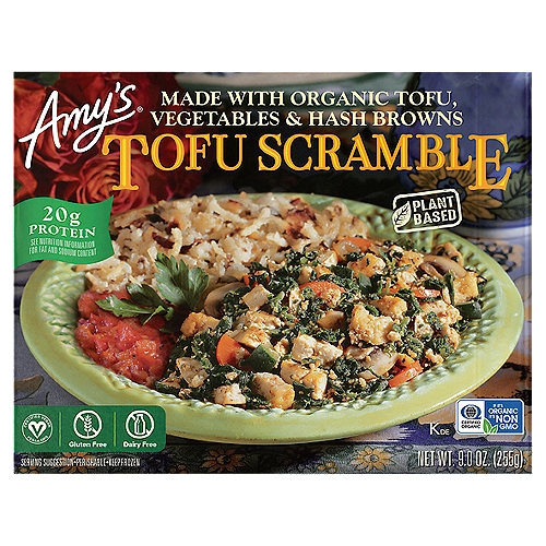 Generous portions of tofu scrambled with tender organic spinach, carrots and mushrooms along with hash brown potatoes make up this dish, which is simply too delicious to miss. And of course, Amy's Tofu Scramble with hash browns and veggies makes a great breakfast, quick lunch or dinner.