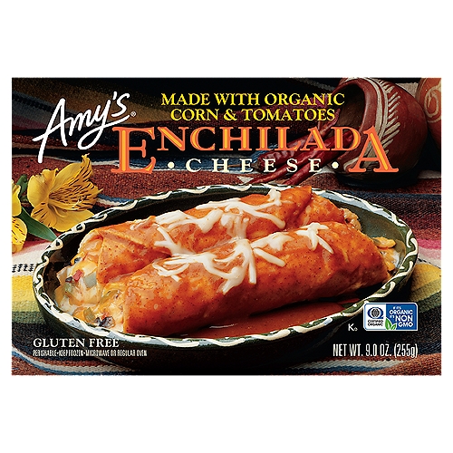 Looking for great-tasting Mexican food?... You don't have to go out to eat! You can relax and enjoy Amy's Cheese Enchiladas in the comfort of your home and get the same quality and flavor you would find in a fine restaurant. Our delicious enchiladas are made from a genuine Mexican recipe handed down through three generations of chefs at one of San Francisco's finest Mexican restaurants. We start with fresh tortillas made with organic white corn, fill them with a blend of Jack and Cheddar cheeses accented by olives and peppers, and cover them with a delicious traditional Mexican sauce. (Taste it and you'll love it!)n(Taste it and you'll love it!)