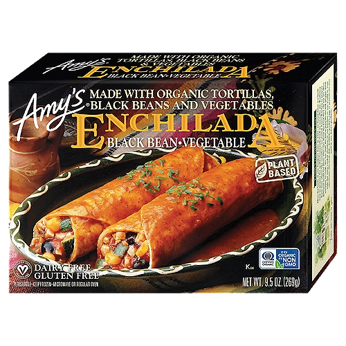 Amy's Plant Based Black Bean-Vegetable Enchilada, 9.5 oz
Made with Organic Tortillas, Black Beans and Vegetables

Looking for great-tasting Mexican food?... You don't have to go out to eat! You can relax and enjoy Amy's Black Bean Vegetable Enchiladas in the comfort of your home and get the same quality and flavor you would find in a fine restaurant. Our delicious enchiladas are made from a genuine Mexican recipe handed down through three generations of chefs at one of San Francisco's finest Mexican restaurants. We start with fresh organic corn tortillas, fill them with a medley of organic vegetables, black beans and tofu accented by olives and peppers, then cover them with a delicious traditional sauce. (Taste it and you'll love it!)