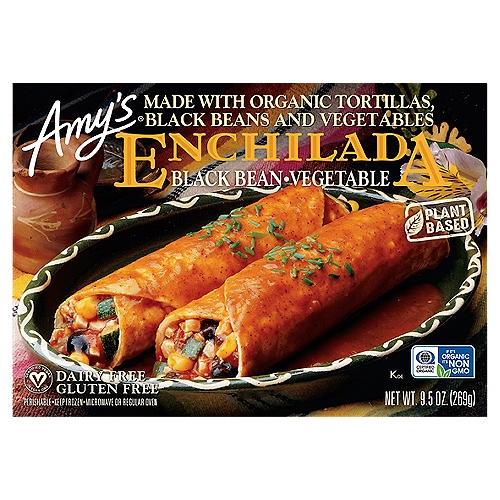 Made with Organic Tortillas, Black Beans and VegetablesnnLooking for great-tasting Mexican food?... You don't have to go out to eat! You can relax and enjoy Amy's Black Bean Vegetable Enchiladas in the comfort of your home and get the same quality and flavor you would find in a fine restaurant. Our delicious enchiladas are made from a genuine Mexican recipe handed down through three generations of chefs at one of San Francisco's finest Mexican restaurants. We start with fresh organic corn tortillas, fill them with a medley of organic vegetables, black beans and tofu accented by olives and peppers, then cover them with a delicious traditional sauce. (Taste it and you'll love it!)