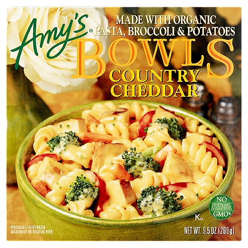 Amy's Country Cheddar Bowls, 9.5 oz
This bowl is a delightful combination of tender organic broccoli, julienne carrots, roasted potatoes, red bell peppers and baked tofu with rotini pasta. To top it off, we mix in a delicious creamy sauce made with aged English Cheddar Cheese.