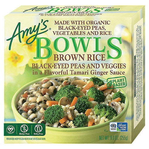 Amy's Brown Rice Black-Eyed Peas and Veggies in a Flavorful Tamari Ginger Sauce Bowls, 9.0 oz
There are certain meals that are just plain down-home good eating. Delicious and comforting without being fancy. This bowl is one of those. A balanced combination of organic brown rice and organic broccoli and carrots in a tasty ginger sauce, along with slowly simmered black-eyed peas. It has the flavor of slow cooked food with the convenience of frozen, and it's dairy free and gluten free as well. Amy's dad eats this at any time of the day and loves it. We hope you will too.