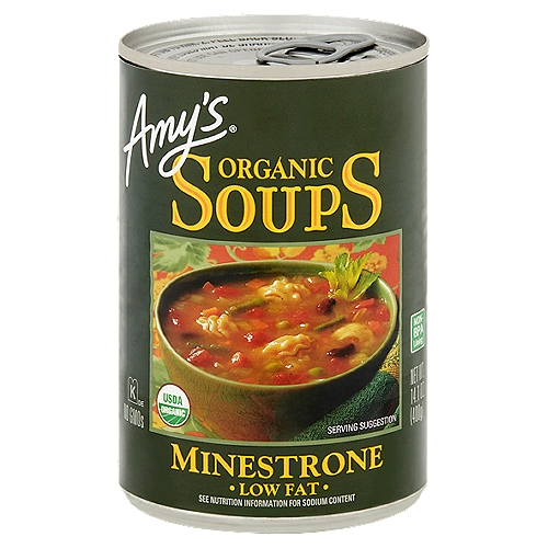 Amy's Organic Minestrone Soup is a low fat Italian favorite made from scratch with a rich tomato broth, savory organic vegetables, tender beans and pasta. Dairy free, and soy, corn and tree nut free.