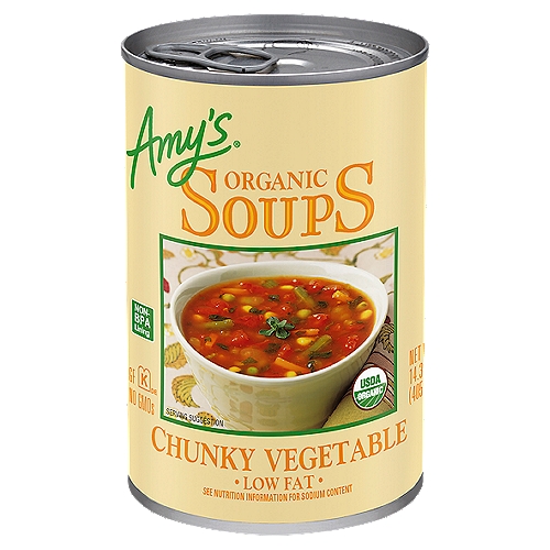 Amy's Organic Chunky Vegetable Soup, 14.3 oz
Chunks of tender organic vegetables in a flavorful broth give this soup a satisfying homemade taste. It contains no dairy or gluten.