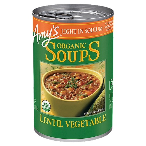 Amy's Organic Lentil Vegetable Soups, 14.5 oz
This delicious soup is full of vegetables, including organic green beans, tomatoes and spinach in a hearty, flavorful lentil base. This light in sodium soup has all the flavor but contains at least 50% less sodium than our regular soup.

Contains 540Mg of Sodium Compared to 1,200Mg per Can in Amy's Regular Lentil Vegetable Soup