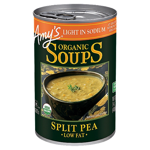 Amy's Organic Low Fat Split Pea Soup, 14.1 oz
Contains 510Mg of Sodium Compared to 1,170Mg per Can in Amy's Regular Split Pea Soup

This traditional American favorite made from organic split peas and vegetables has a surprisingly light, delicate flavor. Responding to customer requests, our chefs have created a line of “Light in Sodium'' soups with all the flavor and goodness of our regular soups, but containing at least 50% less sodium.