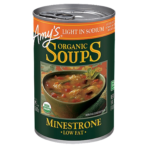 Amy's Minestrone contains a blend of organic vegetables, beans and pasta in a tomato broth. This will remind you of mom's homemade soup.nnContains 440mg of Sodium Compared to 1,120mg per Can in Amy's Regular Minestrone Soup