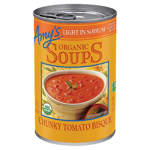 Amyâ€s Organic Light in Sodium Chunky Tomato Bisque has a fresh garden taste with 50% less sodium than Amyâ€s regular Chunky Tomato Bisque. Itâ€s a delicious classic that goes great with grilled cheese!
