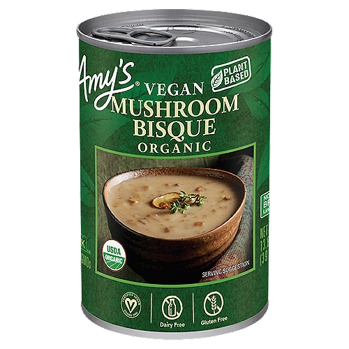 Amy's Organic Vegan Mushroom Bisque is made with organic mushrooms, leeks and Arborio rice combined with creamy organic coconut milk to make a delicious dairy free alternative to our classic Mushroom Bisque. It can be served by itself, in a risotto or combined with other ingredients to create your own fabulous recipe.