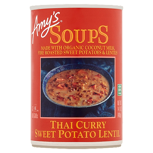 Amy's Thai Curry Sweet Potato Lentil Soups, 14.1 oz
Amy's Thai Curry Sweet Potato Lentil Soup combines organic lentils and fire roasted sweet potatoes with rich organic coconut milk and our special blend of Thai flavors in a delicious, hearty soup that will comfort and warm you through and through.