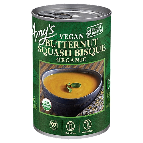 Amy's Organic Butternut Squash Bisque, 14.1 oz.
We add creamy organic coconut milk to organic butternut squash to make this smooth and rich vegan bisque. Enjoy it as is or try adding your favorite topping to make this new comforting bisque your own. Our favorites include vegan sour cream or bread crumbs!