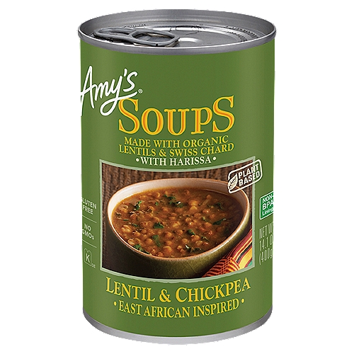 Amy's Lentil & Chickpea Soup, 14.1 oz.
This delicious katoga soup was created by Rachel's friend from Uganda, Chef Mukiibi Elisha, whom she met while traveling the world. The warming flavors of harissa, cumin and other spices blend beautifully with a rich tomato base packed with organic lentils, chickpeas, bell peppers and Swiss chard for a nurturing and hearty bowl of comfort.