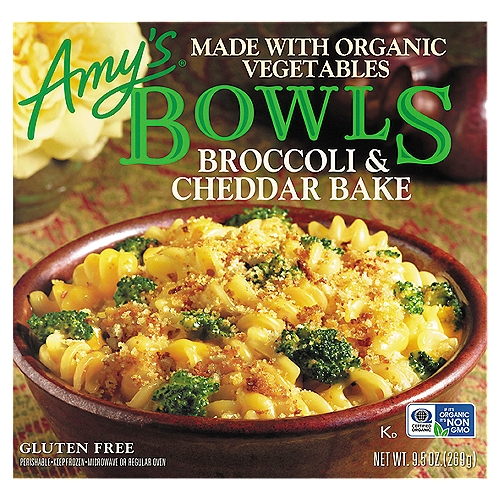 Amy's Broccoli & Cheddar Bake Bowls, 9.5 oz
Some call it rotini, some call it fusilli, but once you've tasted this tender rice pasta in its creamy Cheddar sauce made with aged English Cheddar, you'll call it delicious. And with crisp organic broccoli florets and gluten free toasted bread crumbs added for flavor and crunch, you'll find that this dish is one that will satisfy your whole family. At Amy's, free from gluten does not mean free from flavor. So enjoy!