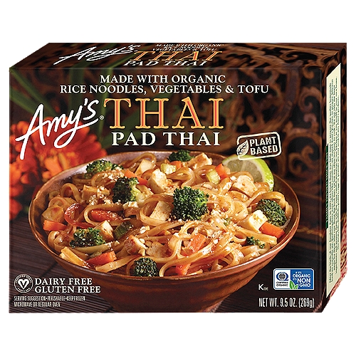 Amy's Thai Pad Thai, 9.5 oz
Pad Thai is Amy's mom's favorite. Pad is the Thai word for stir-fried, but the dish itself is of Vietnamese origin. Pad Thai was adopted by Thailand in the 1940s and soon became a popular food served by street vendors there. In the west it is the most often ordered item on Thai restaurant menus. The traditional Thai sweet and sour flavor forms the basis of Amy's version of this dish with organic rice noodles, tofu, julienned carrots, green onions, broccoli and baked cashews instead of the more commonly used peanuts in the sauce. We're sure you will find Amy's Pad Thai delicious and most satisfying.