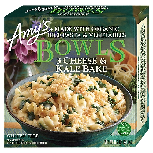 Amy's 3 Cheese & Kale Bake Bowls, 8.5 oz
Amy's Mac & Cheese is an all-time favorite with kids of all ages. Thinking it would be nice to offer a special version for the more sophisticated foodies among us, Andy asked Steve, our chef in France, to create one. With true genius, Steve adapted his Gratin Dauphinoise with Spinach recipe to suit our needs, using gluten free pasta, three cheeses and organic kale. The result is superb. Kale adds texture, color and tastes delicious. The additional cheeses give an extra flavor boost to our original Mac & Cheese while keeping its smooth comfort-food feel. Here is a dish for grown-ups that kids will probably go for as well.