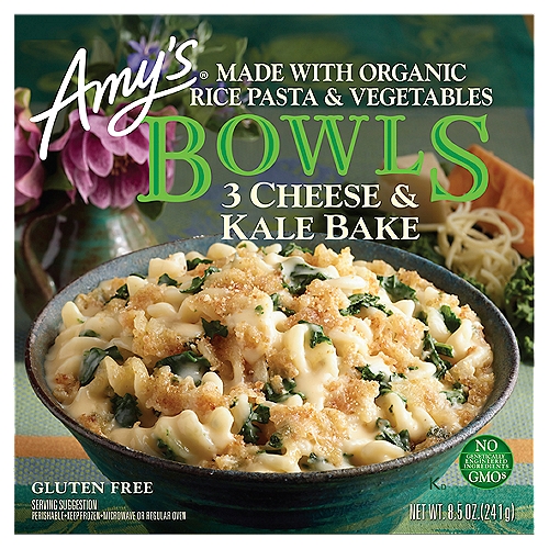 Amy's 3 Cheese & Kale Bake Bowls, 8.5 oz
Amy's Mac & Cheese is an all-time favorite with kids of all ages. Thinking it would be nice to offer a special version for the more sophisticated foodies among us, Andy asked Steve, our chef in France, to create one. With true genius, Steve adapted his Gratin Dauphinoise with Spinach recipe to suit our needs, using gluten free pasta, three cheeses and organic kale. The result is superb. Kale adds texture, color and tastes delicious. The additional cheeses give an extra flavor boost to our original Mac & Cheese while keeping its smooth comfort-food feel. Here is a dish for grown-ups that kids will probably go for as well.