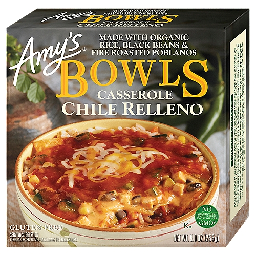 Amy's Chile Relleno Casserole Bowls, 9.0 oz
While we were in Mexico, we fell in love with chile rellenos. When we told Amy's chef, Fred, about it, he created a unique version of that popular dish, our Chile Relleno Casserole. To make this mildly spiced and absolutely delicious casserole, fire roasted poblano chiles are chopped and added to organic zucchini, corn, rice and beans, which are all then generously topped with Monterey Jack and cheddar cheeses.