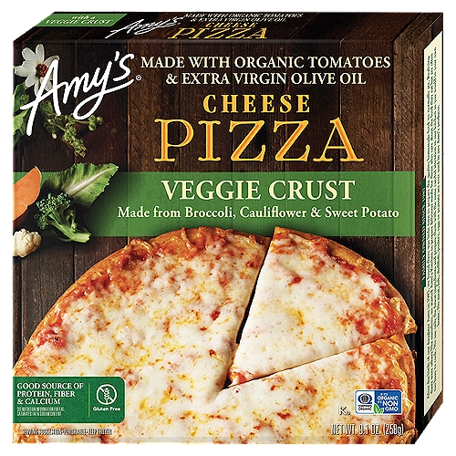 What if eating more veggies were as easy as eating more pizza? This Cheese Pizza is every bit as satisfying as our classic version but is made with a delicious gluten free crust made with organic veggies. A perfect balance of tender yet crispy, Amy's unique blend of cauliflower, broccoli and sweet potato will have even the most veggie-averse pizza fans smiling. Topped with Amy's slow-simmered tomato sauce and wonderfully melty mozzarella, this pizza will make you wonder why pizza wasn't always made this way.