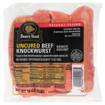 Boar's Head Natural Casing Uncured Beef, Knockwurst