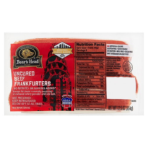 Brunckhorst's Boar's Head Uncured Beef Frankfurters, 8 count, 12.5 oz
No Nitrates or Nitrites Added*
*Except for those naturally occurring in cultured celery powder and sea salt.