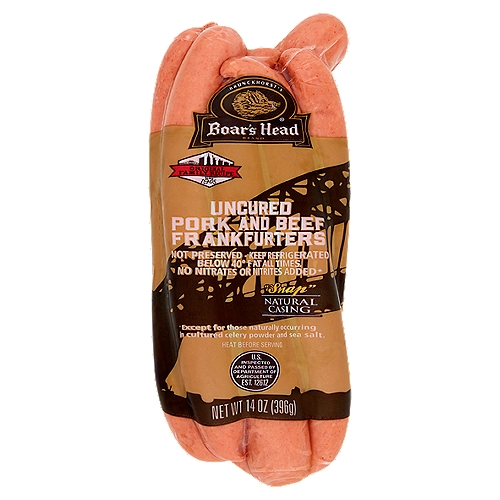 Brunckhorst's Boar's Head Uncured Pork and Beef Frankfurters, 14 oz
No Nitrates or Nitrites Added *
* Except for those naturally occurring in cultured celery powder and sea salt.