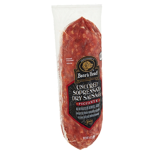 Brunckhorst's Boar's Head Piccante Spicy Uncured Sopressata Dry Sausage, 9 oz
No Nitrates or Nitrites Added
Except for those naturally occuring in sea salt and celery powder.