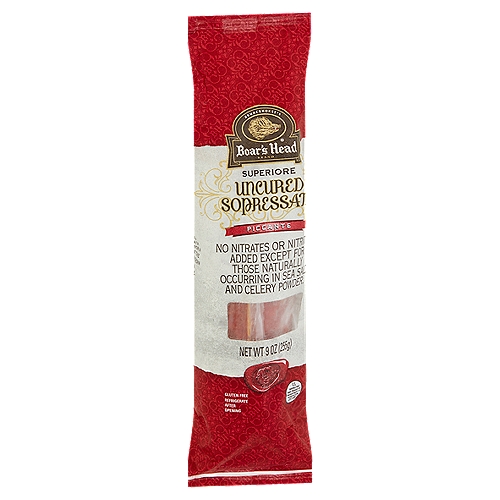 Brunckhorst's Boar's Head Superiore Piccante Uncured Sopressata, 9 oz
No Nitrates or Nitrites Added Except for those Naturally Occurring in Sea Salt and Celery Powder.

A Spicy Blend of Hand-Trimmed Cuts of Pork with Zesty Spices Aged a Minimum of 16 Days for a Piquant Take on a Southern Italian Favorite