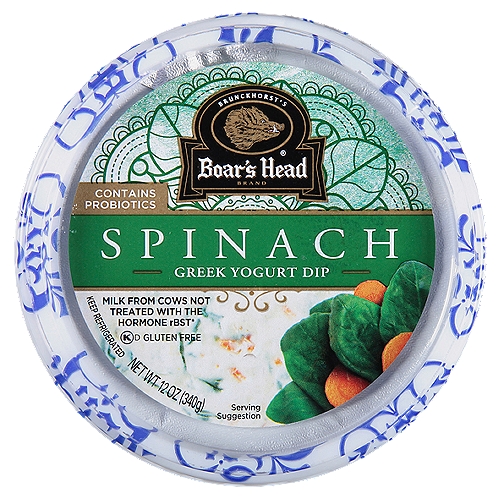 Boar's Head Spinach Greek Yogurt Dip, 12 oz
Milk from Cows Not Treated with the Hormone rBST*
*No Significant Difference Has Been Shown Between Milk from rBST Treated and Untreated Cows