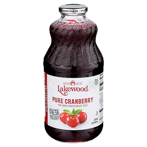 Lakewood Premium Pure Cranberry 100% Juice, 32 fl oz
Fresh Pressed®†
†Juice pressed from fresh cranberries

Certified unsweetened, no additives, no preservatives, gluten free, casein free, *allergen free
*Per FDA 8 food allergens