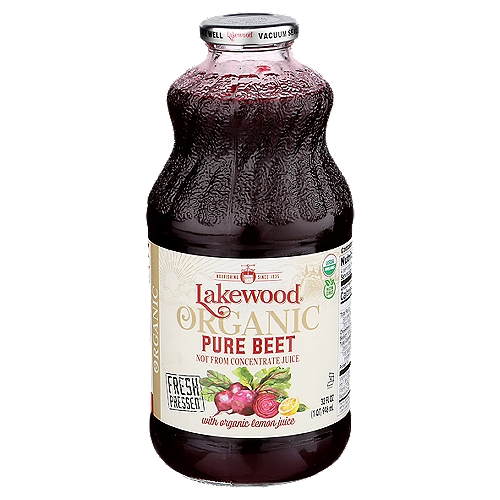 Lakewood Organic Pure Beet Juice, 32 fl oz
Fresh Pressed®†
†Juice pressed from fresh beets

Certified unsweetened, no additives, no preservatives, gluten free, casein free*, allergen free
*Per FDA 8 Food Allergens