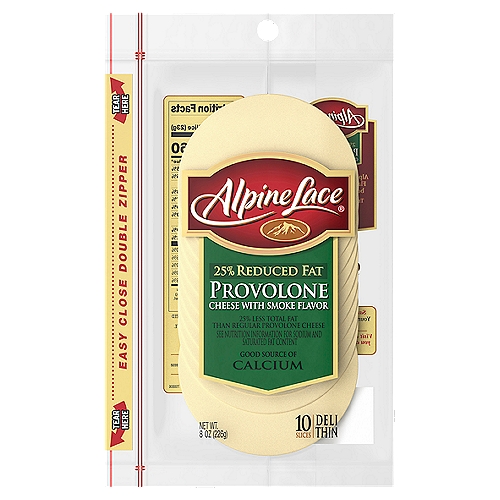 Alpine Lace® Sliced Provolone Cheese with Smoked Flavor, 8 oz
25% less total fat than regular Provolone cheese. Grab some Alpine Lace® Deli Cheese at your local deli without the wait of the deli line.

Comparison per Serving:
Fat: This product 4.5g; Regular Swiss cheese 6g