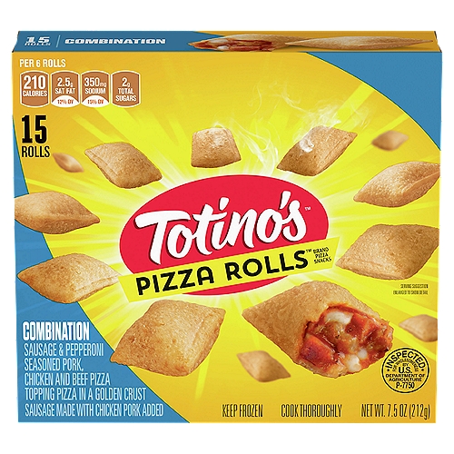 Totino's Pizza Rolls Combination Pizza Snacks, 15 count, 7.5 oz
Sausage & Pepperoni Seasoned Pork, Chicken and Beef Pizza Topping Pizza in a Golden Crust