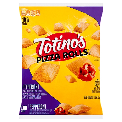Totino's Pizza Rolls Pepperoni Pizza Snacks, 100 count, 48.8 oz
Pepperoni Seasoned Pork, Chicken and Beef Pizza Topping Pizza in a Golden Crust