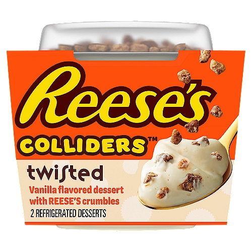 COLLIDERS™ Twisted REESE'S Refrigerated Dessert, 2 ct Pack
Vanilla Flavored Dessert with Reese's Crumbles

COLLIDERS™ Twisted REESE'S Refrigerated Dessert takes your favorite REESE'S Peanut Butter candy flavor and turns it into a cool, creamy spoonable dessert. Enjoy our vanilla flavored dessert topped with pieces of REESE'S Peanut Butter candy in seconds. Just open the vanilla dessert, pour the REESE'S crumbles on top, mix and enjoy. Made with real cream and sugar. Dig into a collision of flavors and textures all in one delicious dessert. Perfect as both a daytime sweet treat or after dinner dessert. Each of the two COLLIDERS™ Twisted REESE'S desserts come in a convenient single-serve cup for easy enjoyment anywhere.
