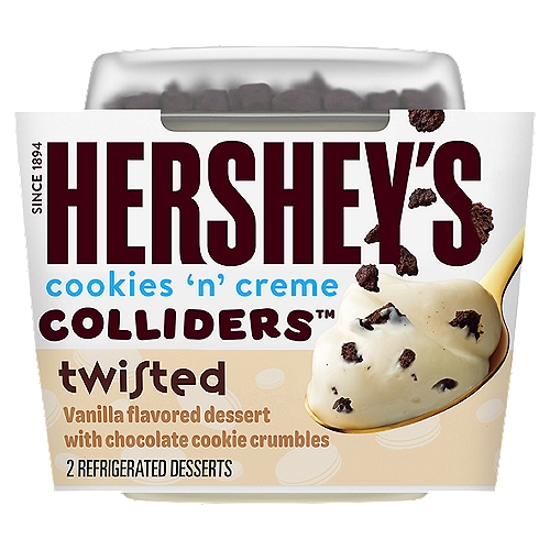 COLLIDERS™ Twisted HERSHEY'S COOKIES ‘N' CREME Refrigerated Dessert, 2 ct Pack
Vanilla Flavored Dessert with Chocolate Cookie Crumbles with Other Natural Flavor

COLLIDERS™ Twisted HERSHEY'S COOKIES ‘N' CREME Refrigerated Dessert takes your favorite HERSHEY'S COOKIES ‘N' CREME candy flavor and turns it into a cool, creamy spoonable dessert. Enjoy our vanilla flavored dessert topped with pieces of chocolate cookie crumbles in seconds. Just open the vanilla dessert, pour the chocolate cookie crumbles on top, mix and enjoy. Made with real cream and sugar. Dig into a collision of flavors and textures all in one delicious dessert. Perfect as both a daytime sweet treat or after dinner dessert. Each of the two COLLIDERS™ Twisted HERSHEY'S COOKIES ‘N' CREME desserts come in a convenient single-serve cup for easy enjoyment anywhere.