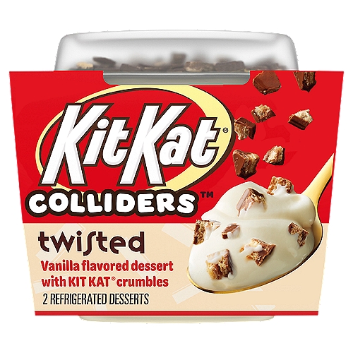 COLLIDERS™ Twisted KIT KAT® Refrigerated Dessert, 2 ct Pack
Vanilla Flavored Dessert with Kit Kat® Crumbles

Colliders™ Twisted Kit Kat® Refrigerated Dessert takes your favorite Kit Kat® candy flavor and turns it into a cool, creamy spoonable dessert. Enjoy our vanilla flavored dessert topped with pieces of Kit Kat® candy in seconds. Just open the vanilla dessert, pour the KIT KAT® crumbles on top, mix and enjoy. Made with real cream and sugar. Dig into a collision of flavors and textures all in one delicious dessert. Perfect as both a daytime sweet treat or after dinner dessert. Each of the two Colliders™ Twisted Kit Kat® desserts come in a convenient single-serve cup for easy enjoyment anywhere.